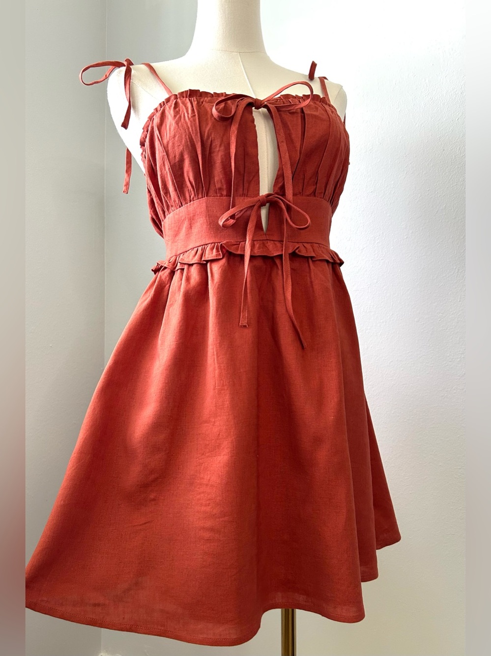 Forever 21 Rust Linen Ruched Ruffle Strappy Mini Dress Womens S